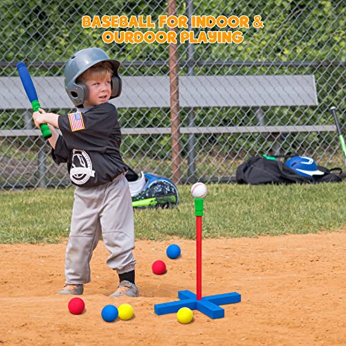 Celemoon 16.5 Inch Foam T Ball Kids Baseball Softball Bat Set Batting Tee, 8 Colored Balls Included + Carry Bag, For Toddler 3 4 Years Indoor Outdoor Sport Playing Toys, Blue #TOP1