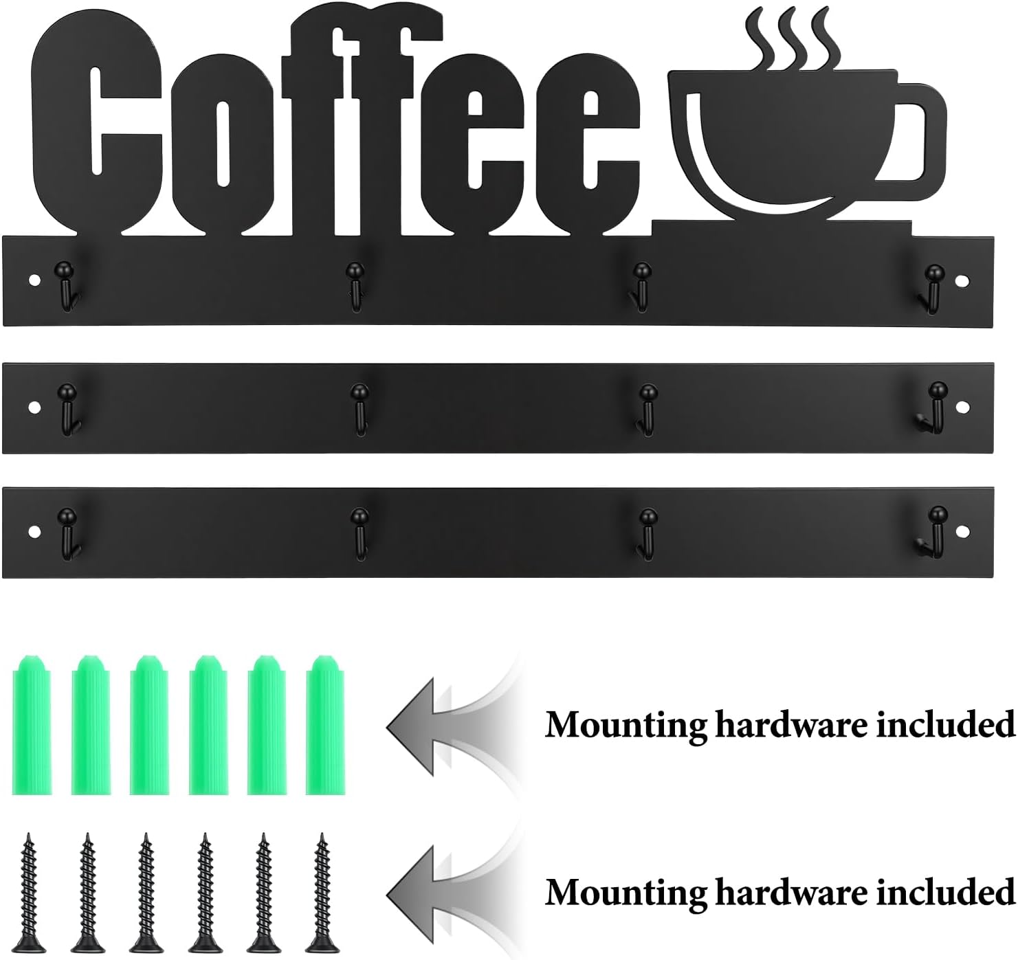 3Pcs Coffee Mug Wall Rack Coffee Cup Holder Wall Mounted with Heavy Duty Hooks and Metal Coffees Sign Rustproof Tea Cup Hanger Display Decor for Kitchen Coffees Bar