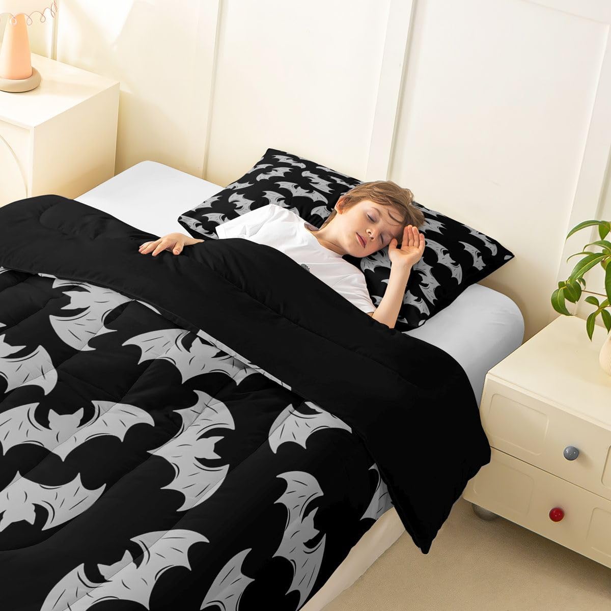 Erosebridal Gray Bat Bedding Set Full Size Halloween Bat Comforter Set Spooky Goth Gothic Animal Bed Sets Horror Halloween Duvet Quilt Sets for Kids Teens Adults