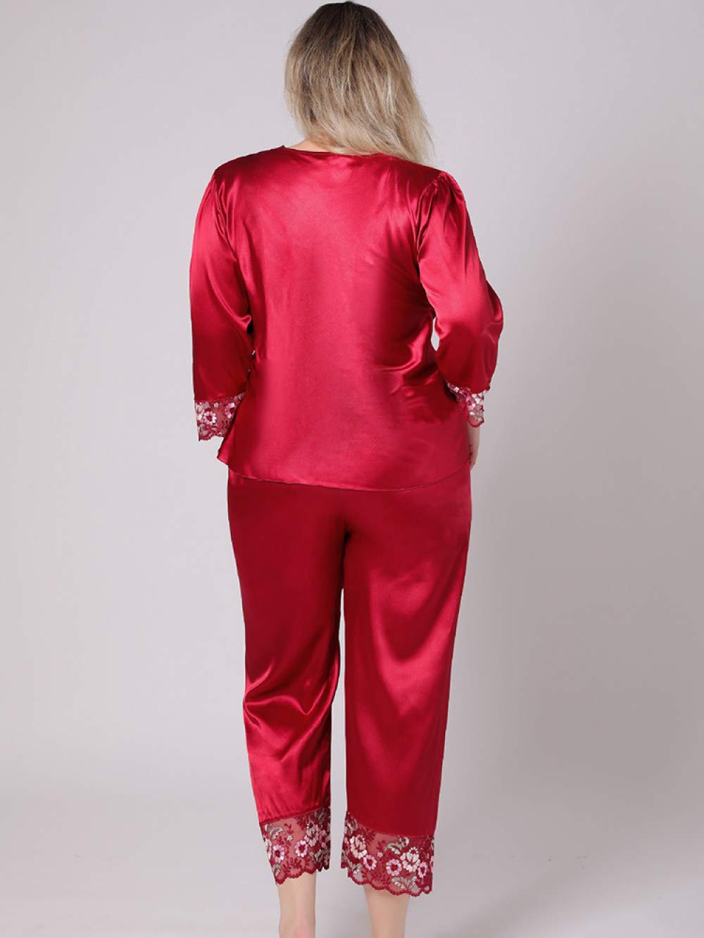 YUHOOE Pijamas De Mujer,Conjunto De 2 Piezas De Pijama De Satén De Seda De Talla Grande con Cuello En V Bordado De Encaje Sedoso Ropa De Dormir De Manga 3/2 Ropa De Dormir Ropa De Casa,Rojo,6XL