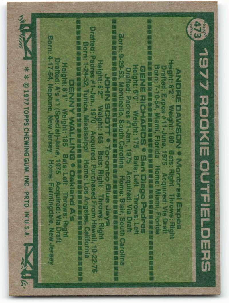 1977 Topps #473 Andre Dawson/Gene Richards/John Scott/Denny Walling Rookie Outfielders EX/NM RC Rookie Montreal Expos/San Diego Padres/Toronto Blue Jays/Oakland Athletics Baseball