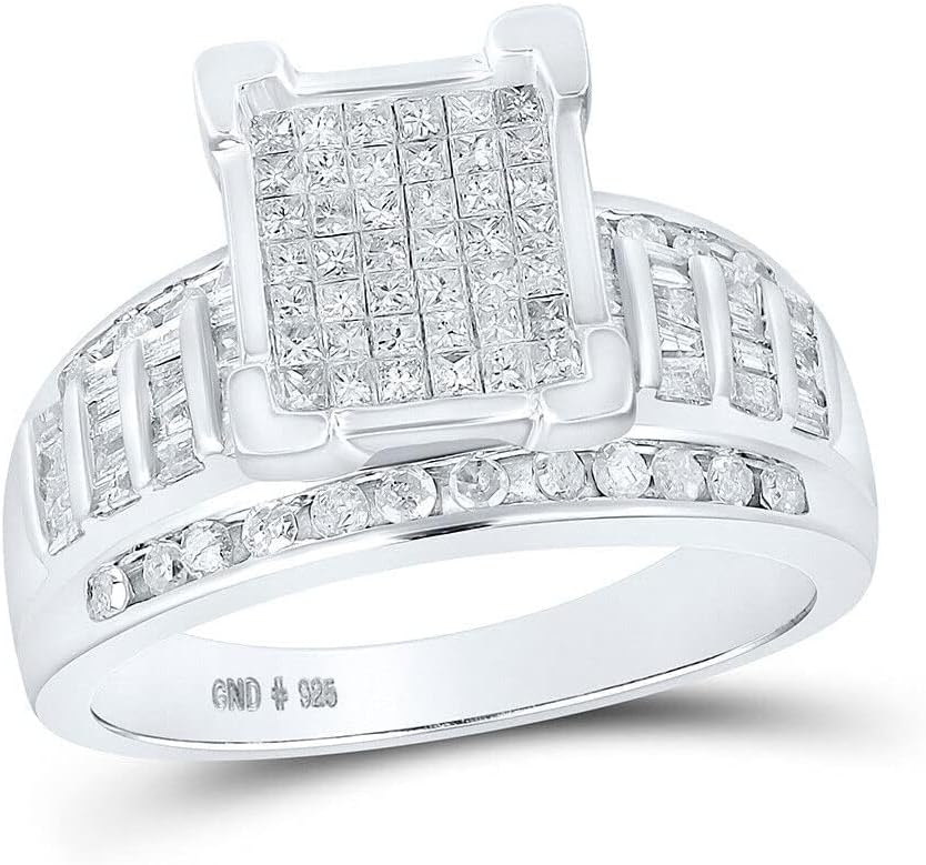 1.25 Ct Princess Cut Diamond Cluster Ring, 14K White Gold Finish, Sterling Silver, Square Design