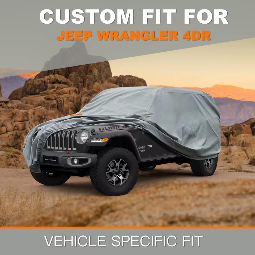 Kayme Funda de coche de servicio pesado para Jeep 4dr, ajuste personalizado para Jeep Wrangler Unlimited de 4 puertas, JK JL Rubicon/Sahara, etc. Impermeable para todo tipo de clima, cubierta completa