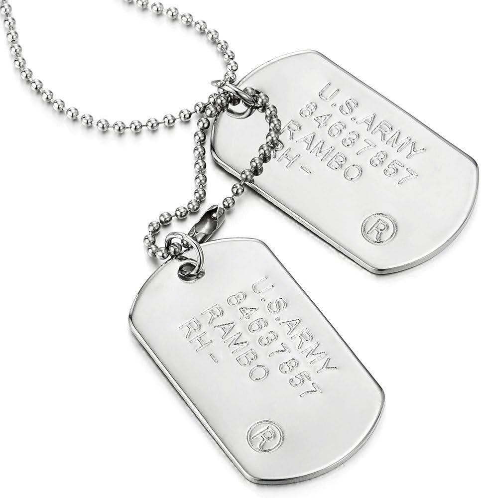 Men's Military Dog Tag Pendant Necklace With Ball Chain, Double ID Tag Design, Engraved Army-Style Plate, Classic Soldier Gift