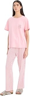 ديفاكتو طقم ملابس منزلية كاجوال للنساء بقصة عادية ورقبة دائرية ضيقة واكمام قصيرة D8451AX، لون بينك، مقاس L
