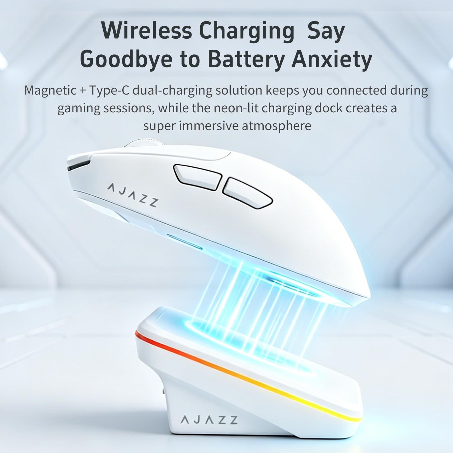 A.JAZZ AJ200P AI MASTER Wireless Gaming Mouse with Magnetic Charging Dock, PAW3955 Sensor, Up to 80000 DPI, NearLink BS2826 IC, Dual 8000Hz, AI-Powered Voice Control, AI Game Coach, for PC/MAC, White