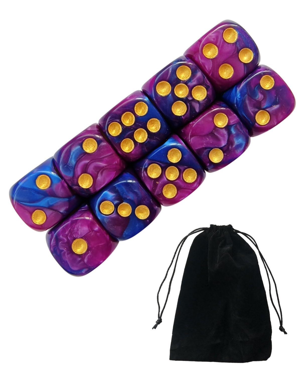 10 PCS Dés de Jeux, Yams Jeux de société, 16mm D6 Dé en Acrylique, Dés Noir-Bleu avec Sac en Tissu, dés de Jeu à 6 côtés, Jeux de société, Rôle, Table, Cours