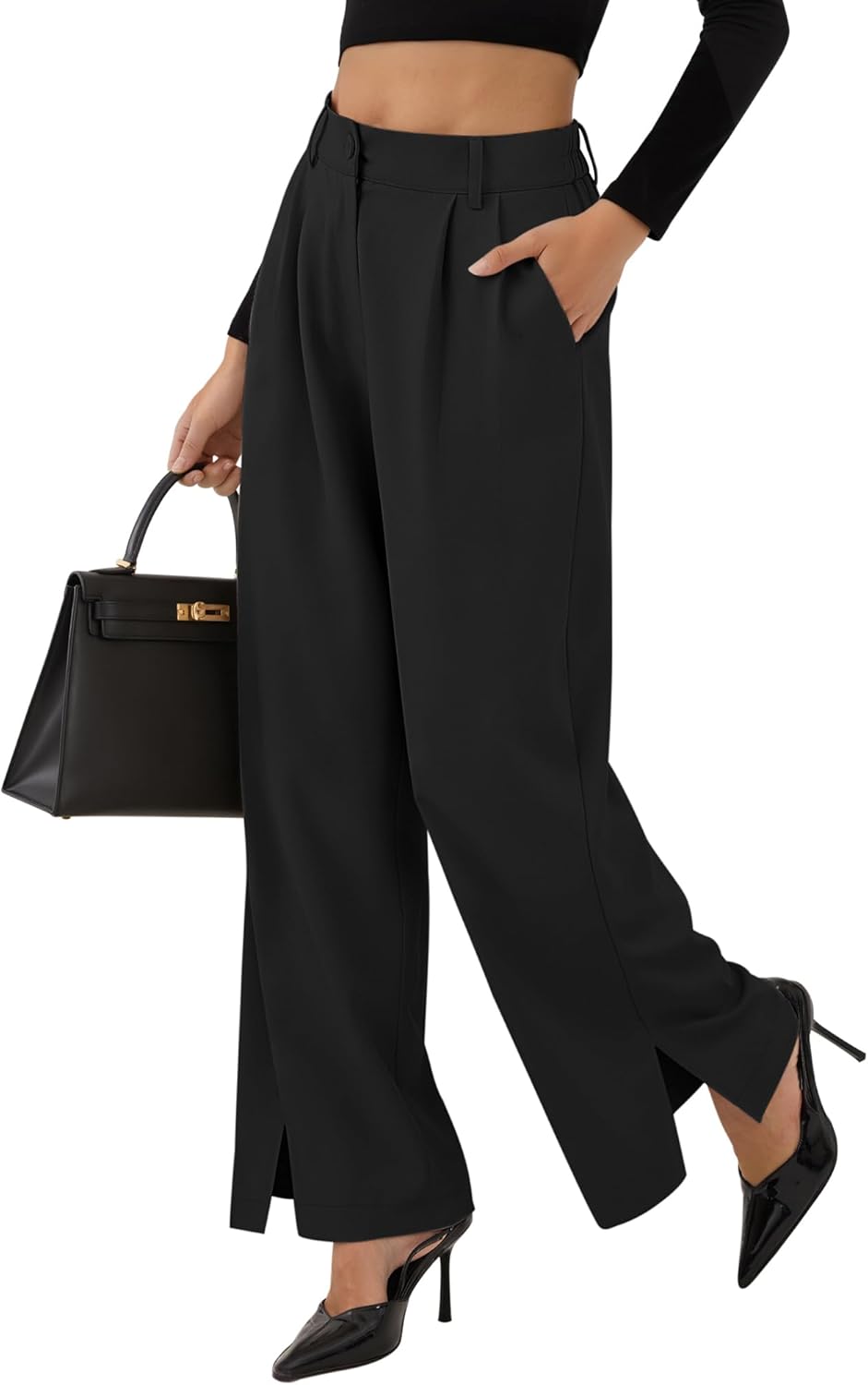 ZAFUL Womens Wide Leg Pants Elastic High Waisted Business Casual Trousers Work Dress Pants with Pockets 2025