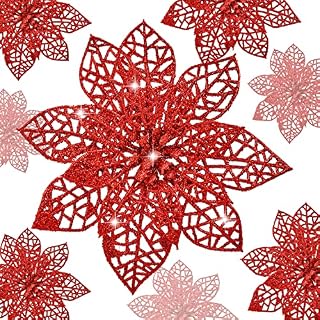 Roqueen 15 PCS Artificial Christmas Flowers Poinsettia 5.5 Inches with Clips Glitter Christmas Tree Ornaments for Xmas New Year Wreath Decoration (Red)