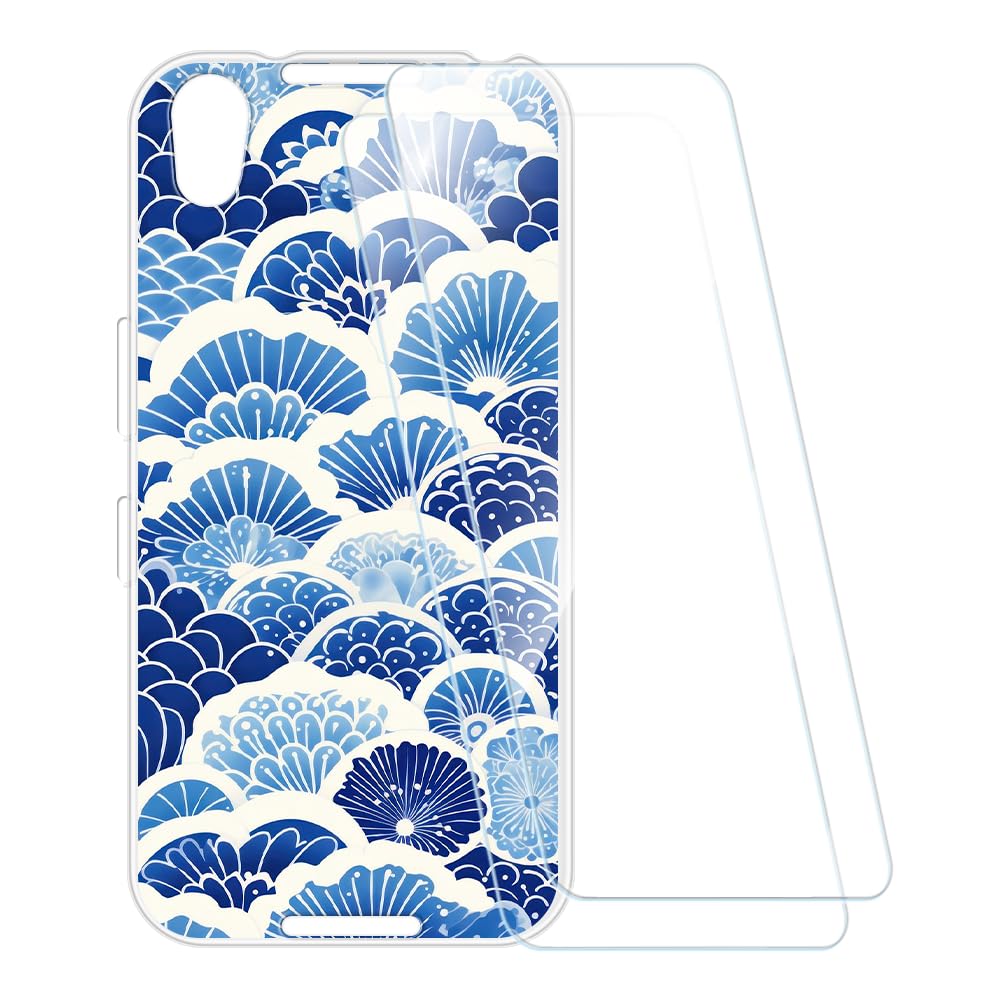 Printed Case + 2 Pack Screen Protectors Compatible with BlackBerry Neon, Shockproof Pattern Soft Cover and HD Clear Tempered Glass Film (Wave)