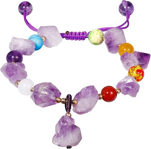 Jewever Pulsera de 7 chakras con cristal de amatista cruda para mujer, cristales y piedras curativas, pulseras de cuentas ajustables para mujer,