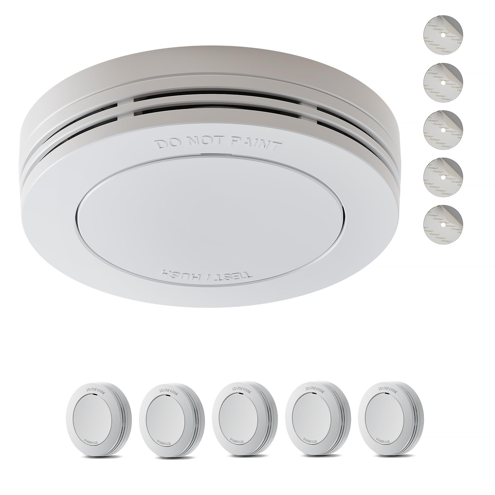Safeliveo Rauchmelder 5er Set, Feuermelder 10 Jahre Batterie | Norm EN 14604, ohne blinkende LED, Stummschaltfunktion, ohne Bohren mit Klebepads