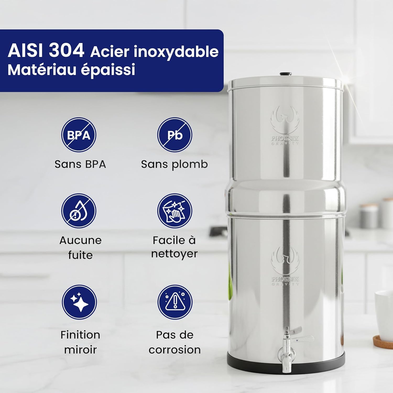 Phoenix Gravity - Sistema de filtración de agua de encimera de 12 litros, certificado NSF, acero inoxidable AISI 304, con 2 cartuchos Smart Carbon y POSTreat, y soporte de madera
