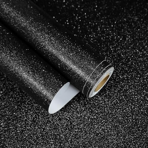 EaseStick Sparkle Black Glitter Wallpaper Adhesive Glitter Contact Paper Peel and Stick Shiny Black Wallpaper for Bedroom Bathroom Cabinet Crafts Modern Removable Glittery Fabric Wall Paper 15.7"x160"