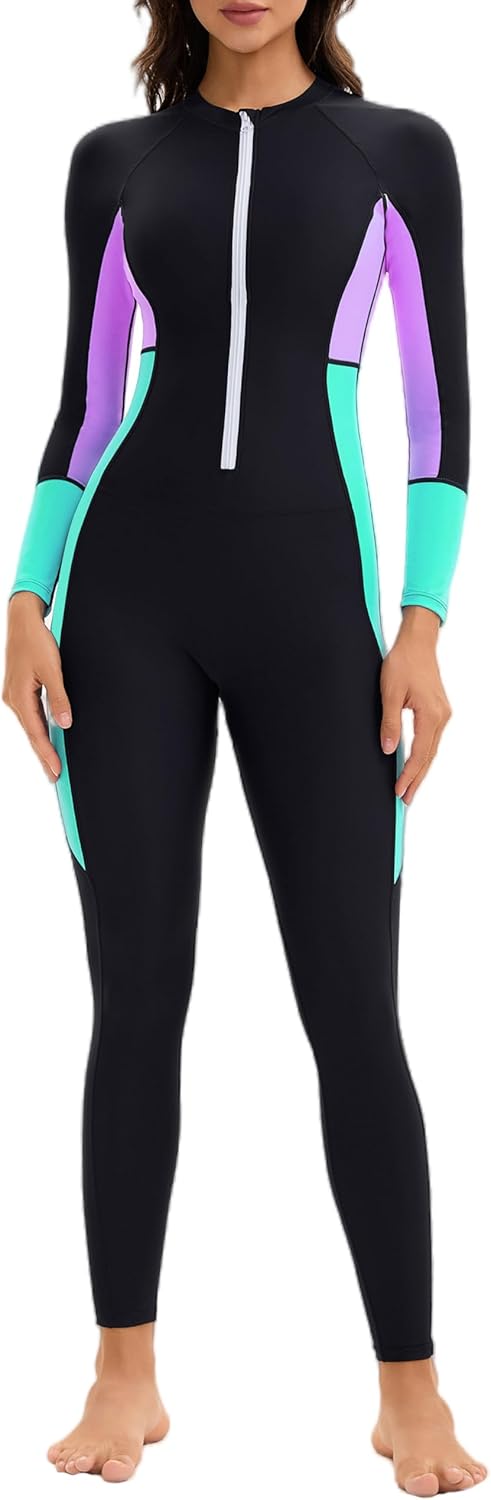 SEAUR Women Thin Swimsuit Zip Up One Piece Rash Guard with Built in Bra Athletic Long Sleeve Swimsuits Quick Dry Bathing Suit