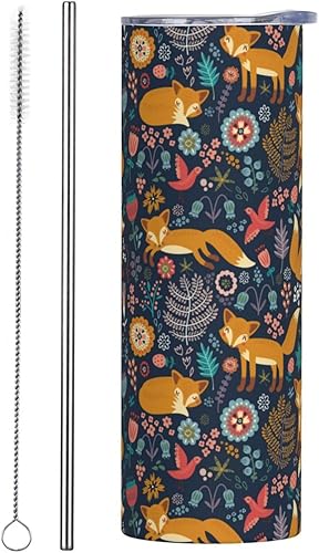 Kaireno Vaso de 20 onzas con tapa y pajita, diseño floral, de acero inoxidable, con aislamiento de animales, taza de viaje para café, botella de