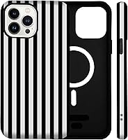SenRiCase Cute Striped MagSafe Case for iPhone 13/14 - Dual-Layer Shockproof PC+Silicone, Black White Aesthetic for Women