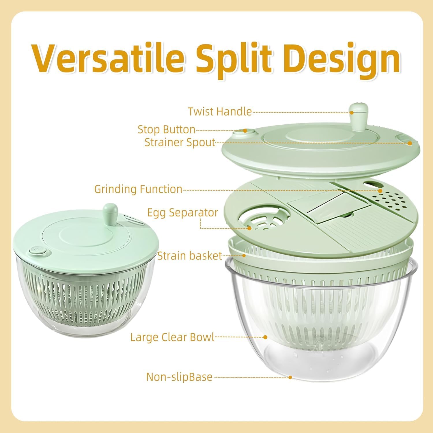 Large Capacity Multi-function Salad Spinner, 6-in-1 Salad Spinner & Vegetable Chopper, Clear Vegetables Fruits Washing Bowl with 5 Blades Slicer, One-Hand Pump Lettuce Spinner for Kitchen (1PC-C)
