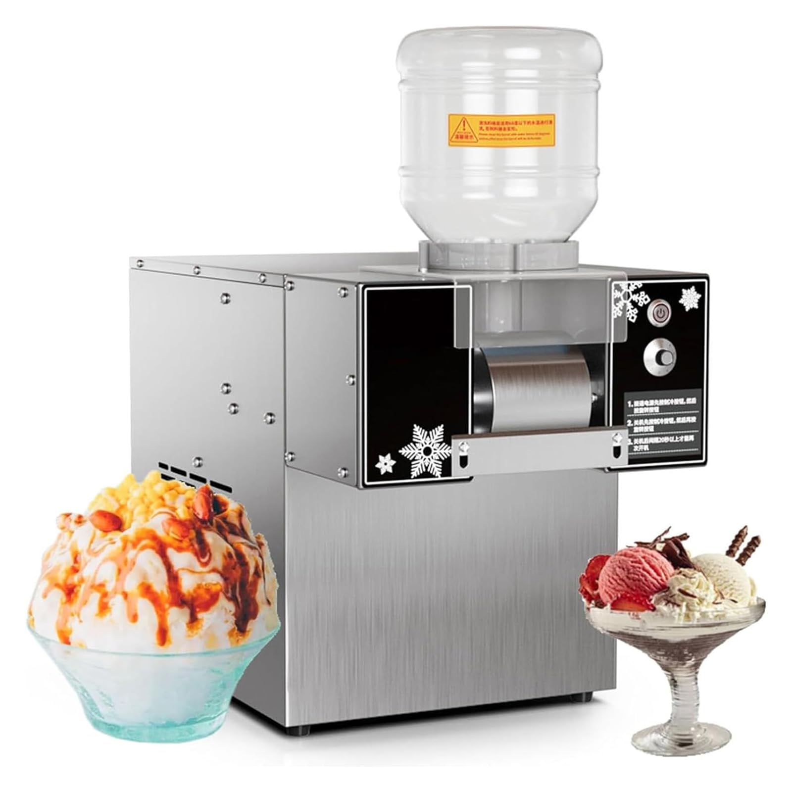 Machine À Glace Pilée Professionnelle 60 Kg, Machine À Glace Pilée Électrique avec 2 Barils, Rouleau Réfrigérant De 8 Cm, Épaisseur Réglable, Refroidissement Rapide, pour Snacks Et Glaciers