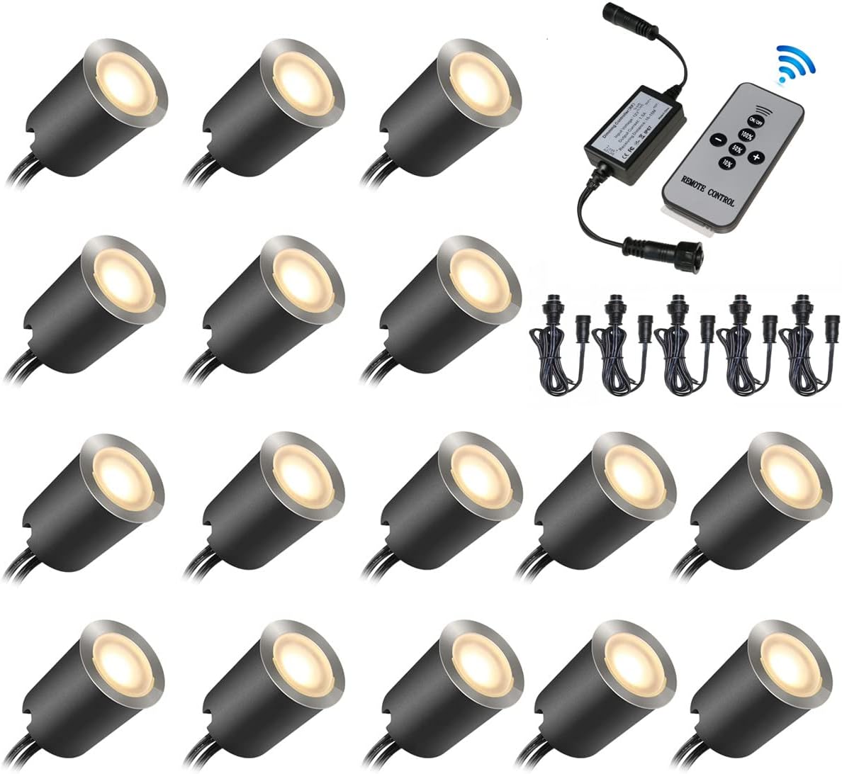 Recessed LED Deck Light Kits with Protecting Shell In Ground Outdoor LED Landscape Lighting IP67 Waterproof with SMY Deck Lights Dimmer with RF Wireless Remote Controller and 5Pack Extension Cables