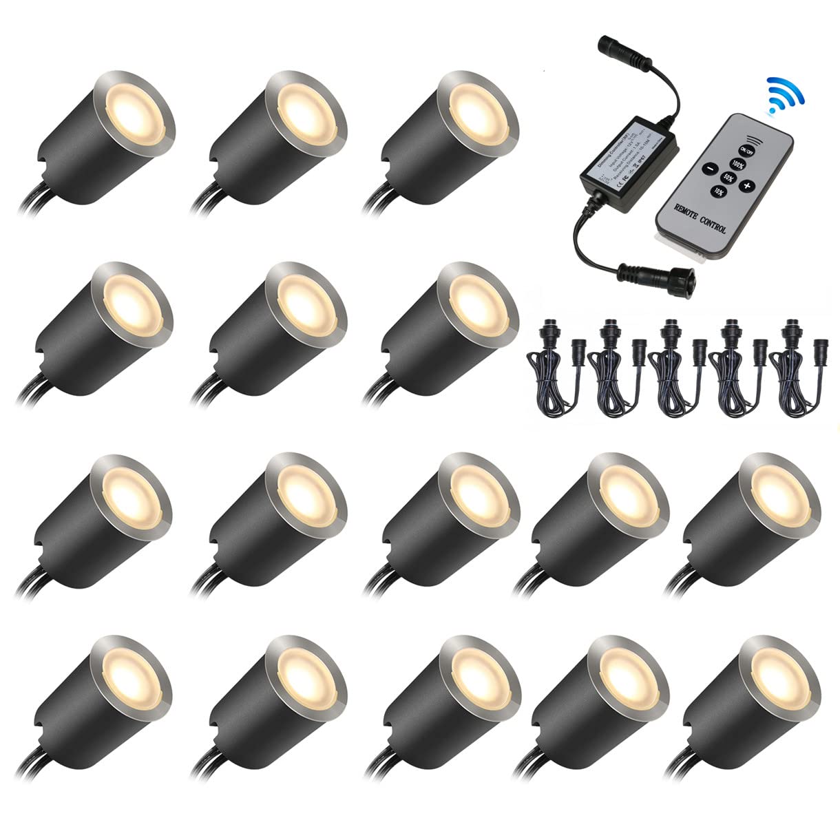 Recessed LED Deck Light Kits with Protecting Shell In Ground Outdoor LED Landscape Lighting IP67 Waterproof with SMY Deck Lights Dimmer with RF Wireless Remote Controller and 5Pack Extension Cables