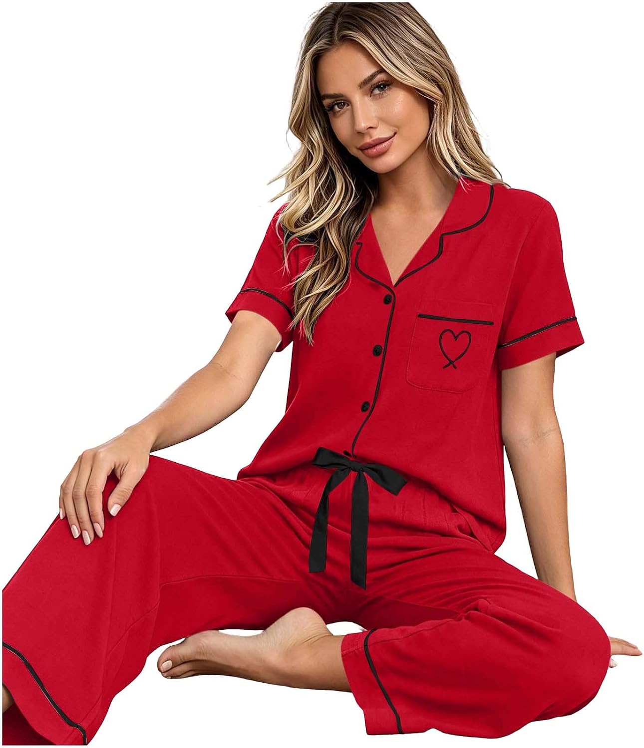 Oplxuo Women's Summer Pajama Set Notch Collar Button Front Short Sleeve Top Heart Print Wide Leg Pants Soft Sleep Loungewear