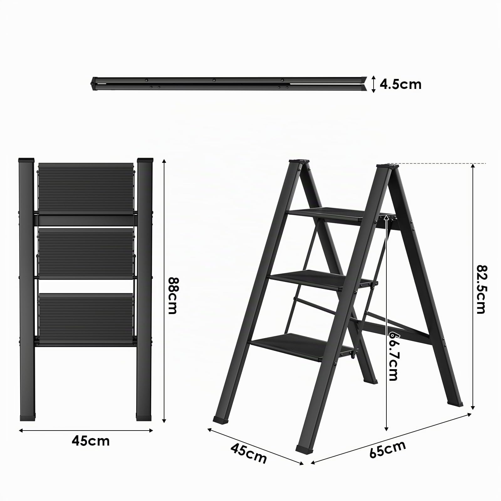 Échelle Aluminium Pliante à 3 Étapes - Antidérapante - Portable - Charge max. 150 kg - Pour Cuisine, Maison, Bureau, Peinture DIY (Noir)
