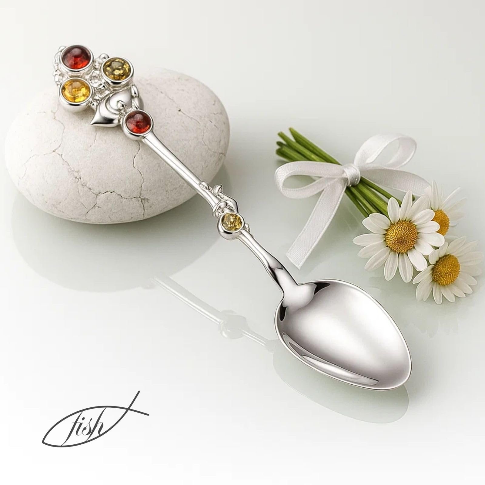 fish Cuillère En Argent Fabriquée À La Main Avec Ambres Pour Cadeaux De Naissance