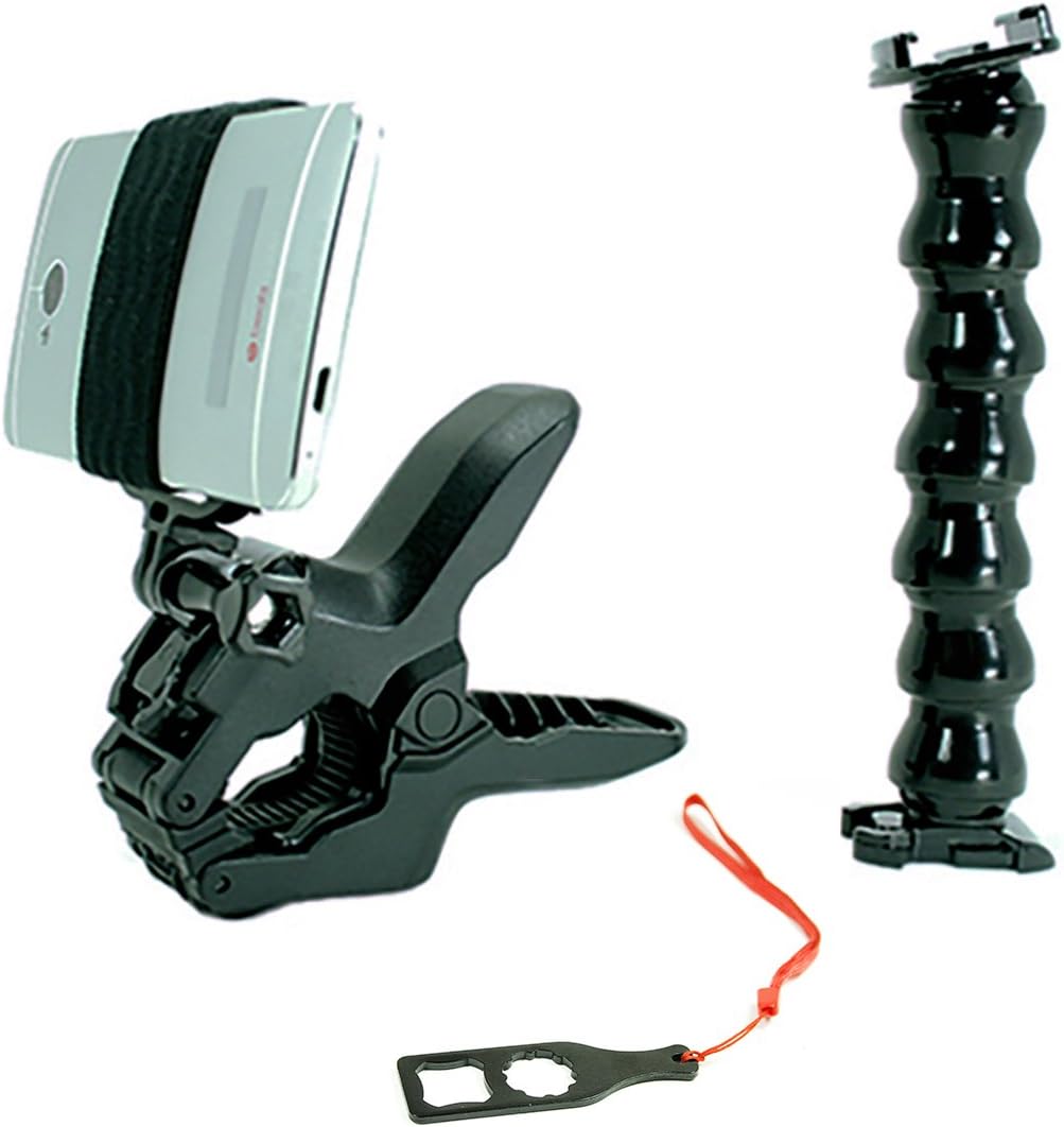Jaws Flex Clamp + Adjustable Goose Neck + Universal Mount Adapter for Smartphone, W/Base Clip & Screw. Use with a Phone, or Sport Camera. Easy to Use!