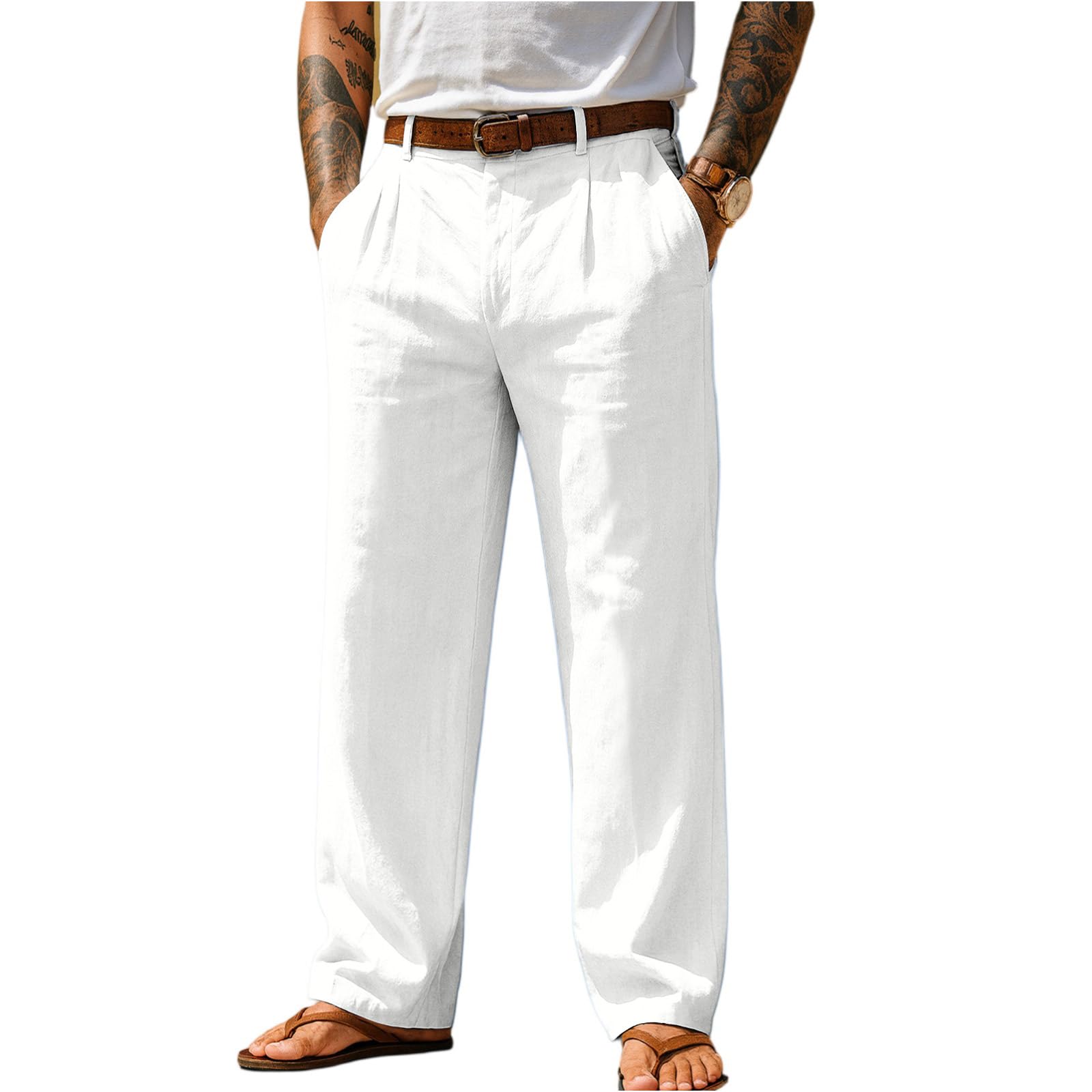 Mens Linen Dress Pants High Waisted Pleated Pants Business Casual Linen Trousers Summer Beach Travel Cruise Outfits