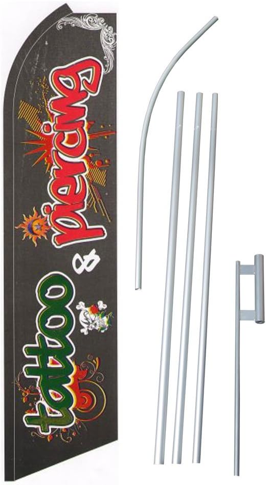 NEOPlex -"Tattoo & Piercing" Complete Flag Kit - Includes 12' Swooper Feather Business Flag with 15-Foot Anodized Aluminum Flagpole and Ground Spike