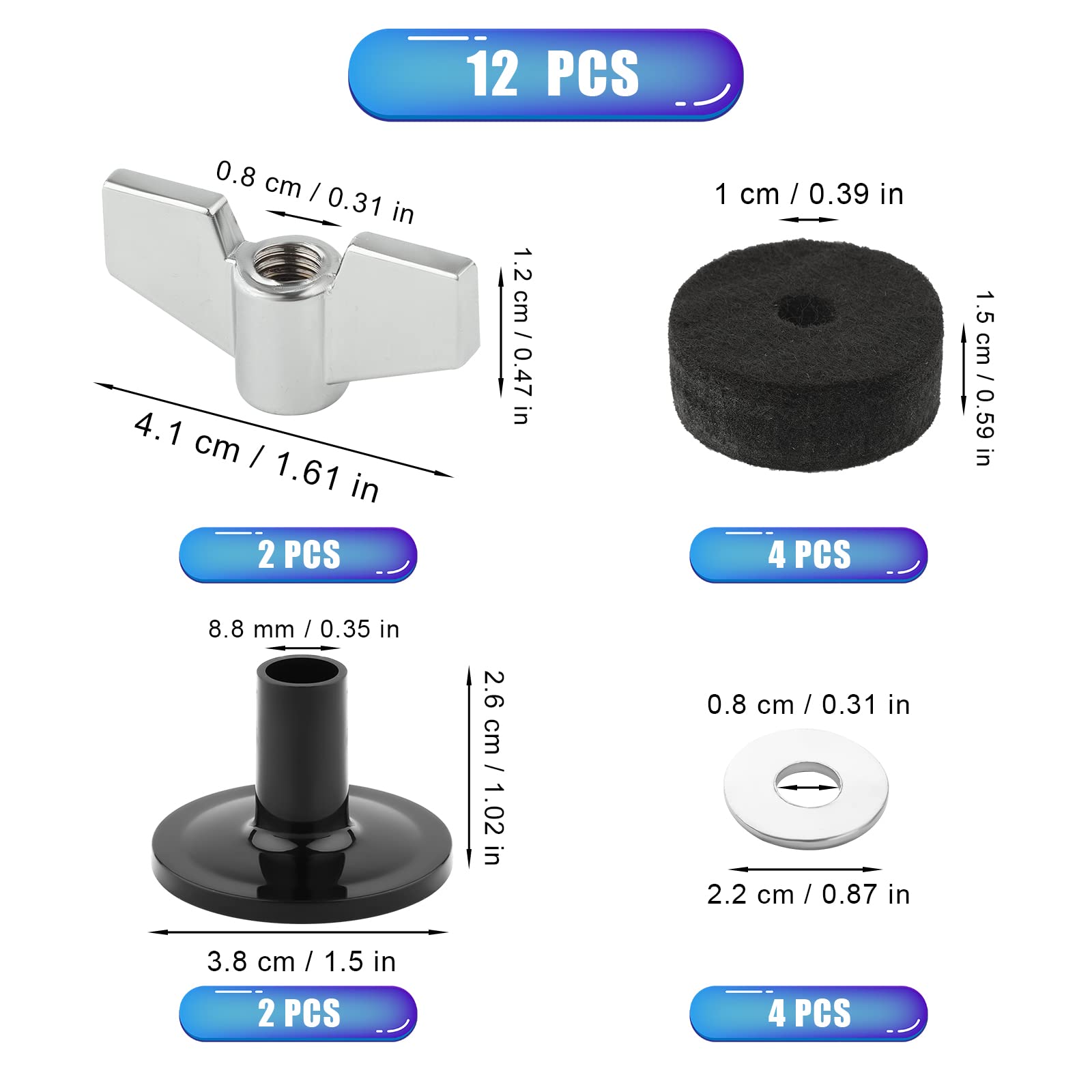 12 piezas Accesorios Platillos Bateria, Manguito de Platillos y Fieltro con Tuercas de Mariposa en la Base Fieltro Platillos Fieltro de Embrague Hi-Hat Arandelas Platillos