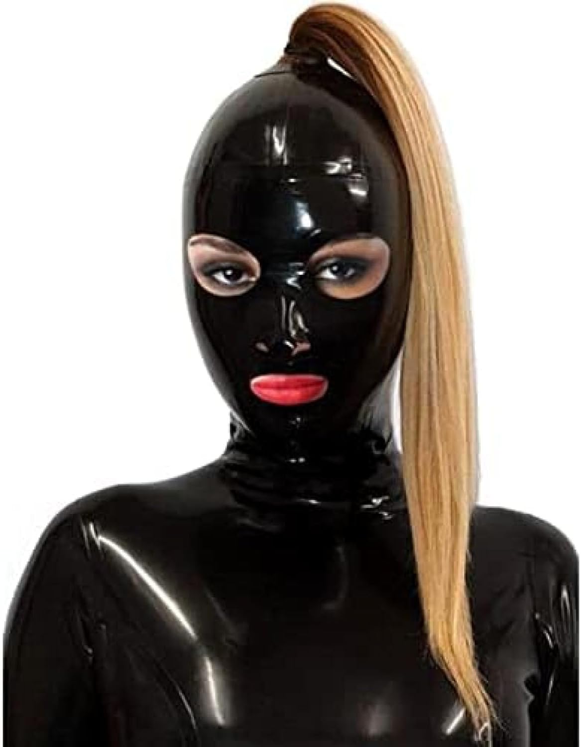 Black Latex Hood with Hair Braid Hole(Not Wig) Back Zipper Rubber for Women,Small