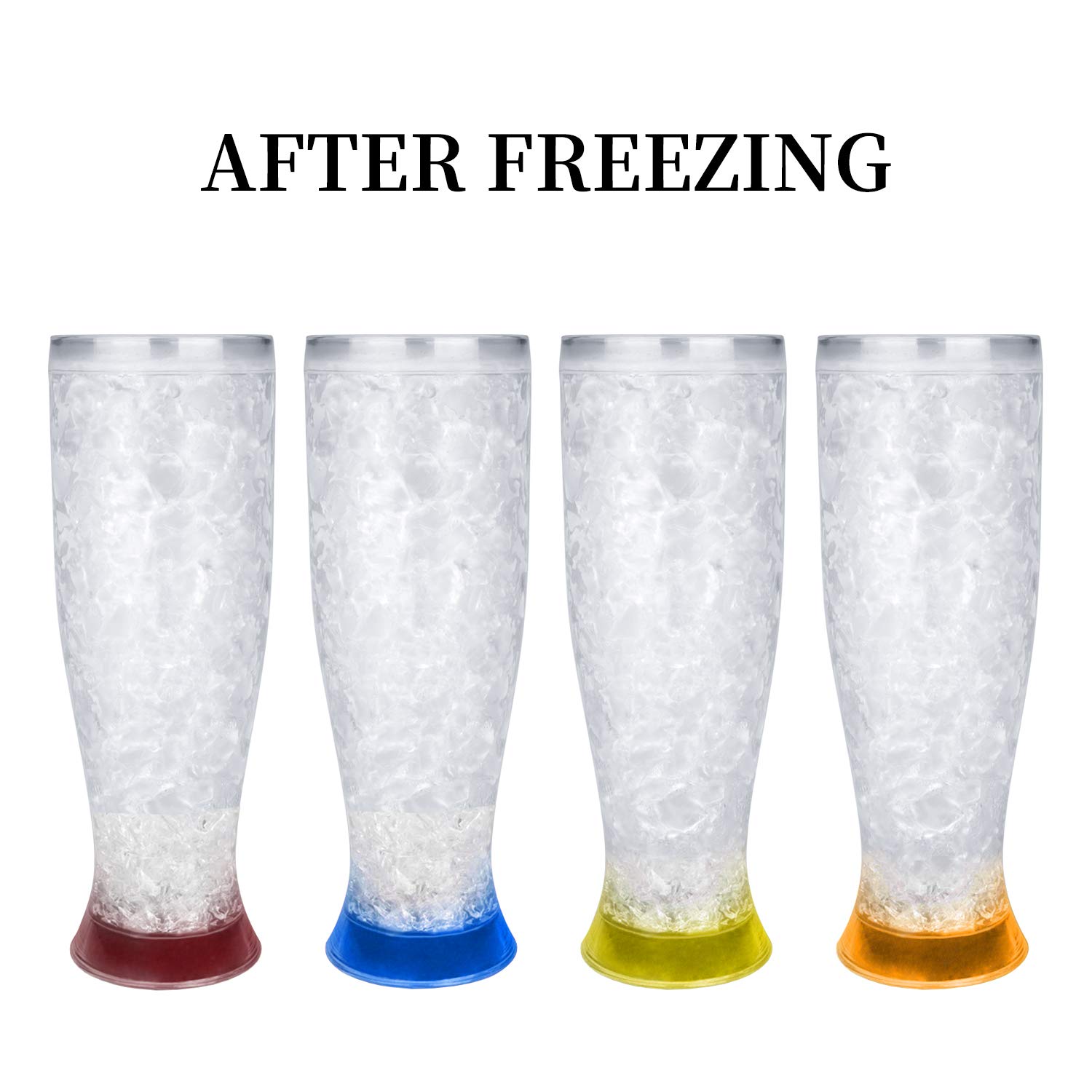 Freezer Ice Beer Mugs, Drinking Glasses, Double Wall Gel Frosty Beer Mugs, Cooling Wine Cups for Parties and Gifts, Clear 16oz Set of 4 (Red, Orange, Yellow and Blue)