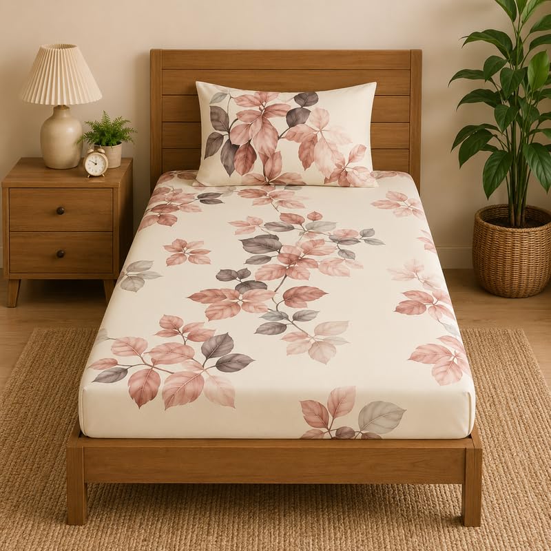 Image of la' amour 180tc Microfiber Fitted Single Bedsheet with 1 Pillow Cover | Elastic Bed Sheet | Soft Breathable Skin-Friendly Fabric | All Season Comfort | 36 x 72 + 6 Inches Royal Blue Botanical