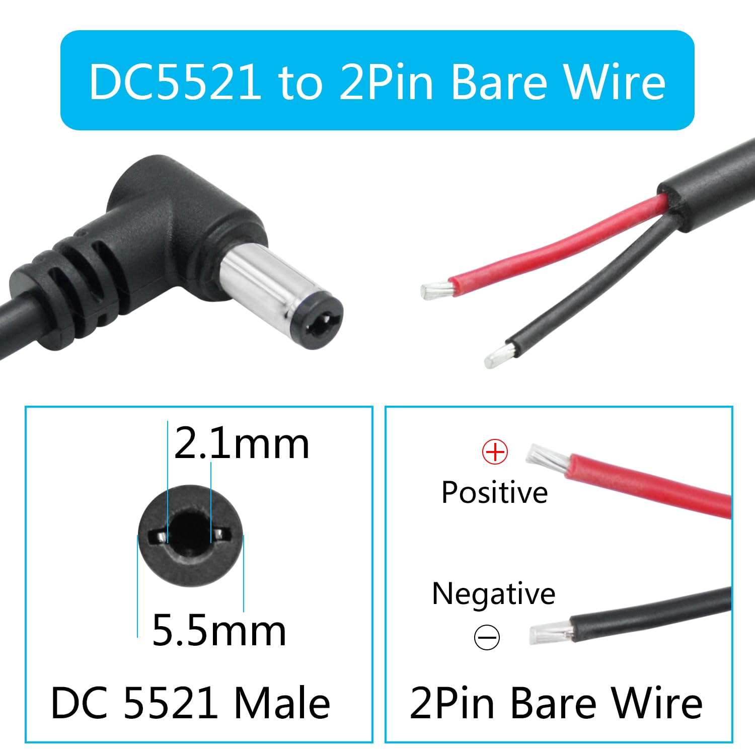 Netzkabel, DC 5,5 mm x 2,1 mm, 0,5 m, 18 AWG, 90 Grad rechtwinklig, DC5521 Stecker auf 2-poligen blanken Draht, offenes Ende, Netzkabel, für Gleichstromnetzteil, Reparatur-Ersatz, 4 Stück