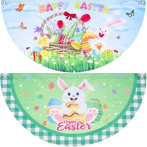 Miniatura 1 de PRETYZOOM 2 banderas para fanáticos de Pascua, huevos de conejo de dibujos animados de feliz Pascua, banderas semicirculares, decoraciones de media