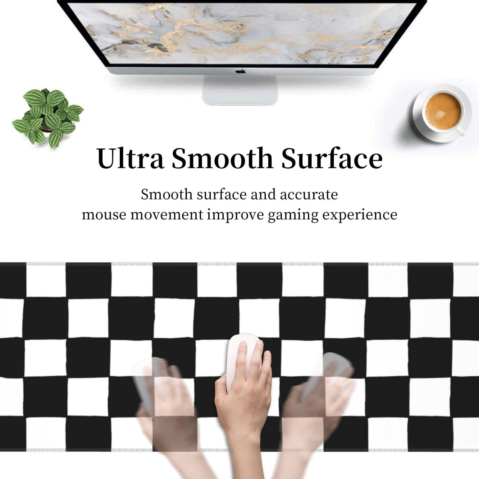 Alfombrilla de ratón a cuadros para juegos en blanco y negro para el hogar y la oficina, alfombrilla de mouse grande extendida para teclado con borde cosido, accesorios de decoración