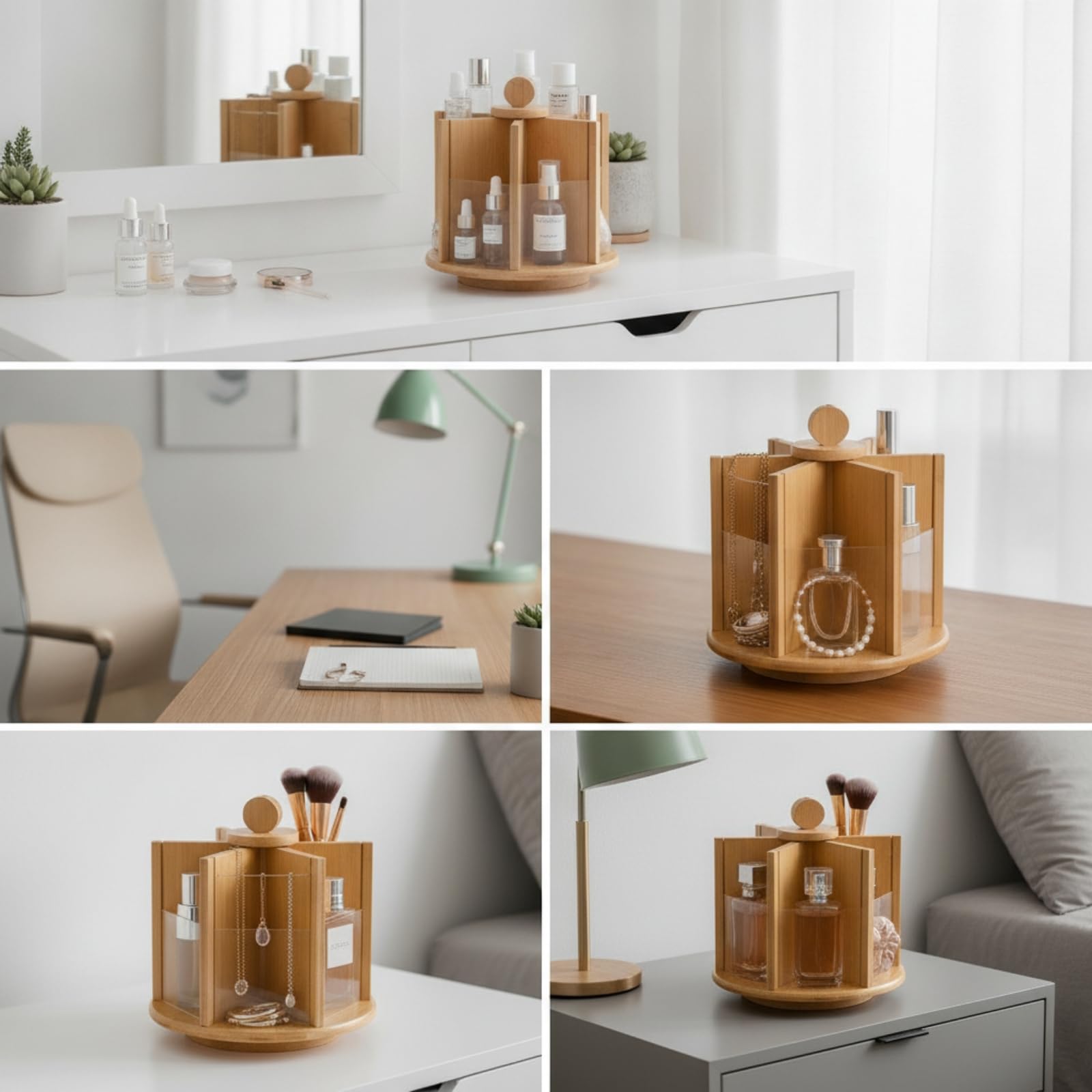 Organizzatore Cosmetici Rotante Portatrucchi Porta Pennelli Porta Skincare Struttura in bambù con Base Rotonda Stabile E Pannelli Trasparenti Adatto a, Marrone tè
