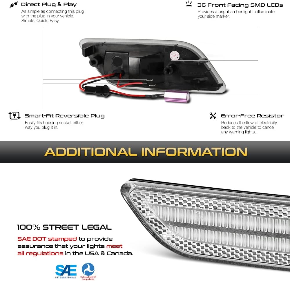 VIPMOTOZ Front Full LED Side Marker Lights Lamps Compatible With 2010-2013 Mercedes Benz W212 E Class E350 E400 E550 E63 AMG Chrome Housing Clear Lens 6000K Diamond White 2-Pieces Pair Set