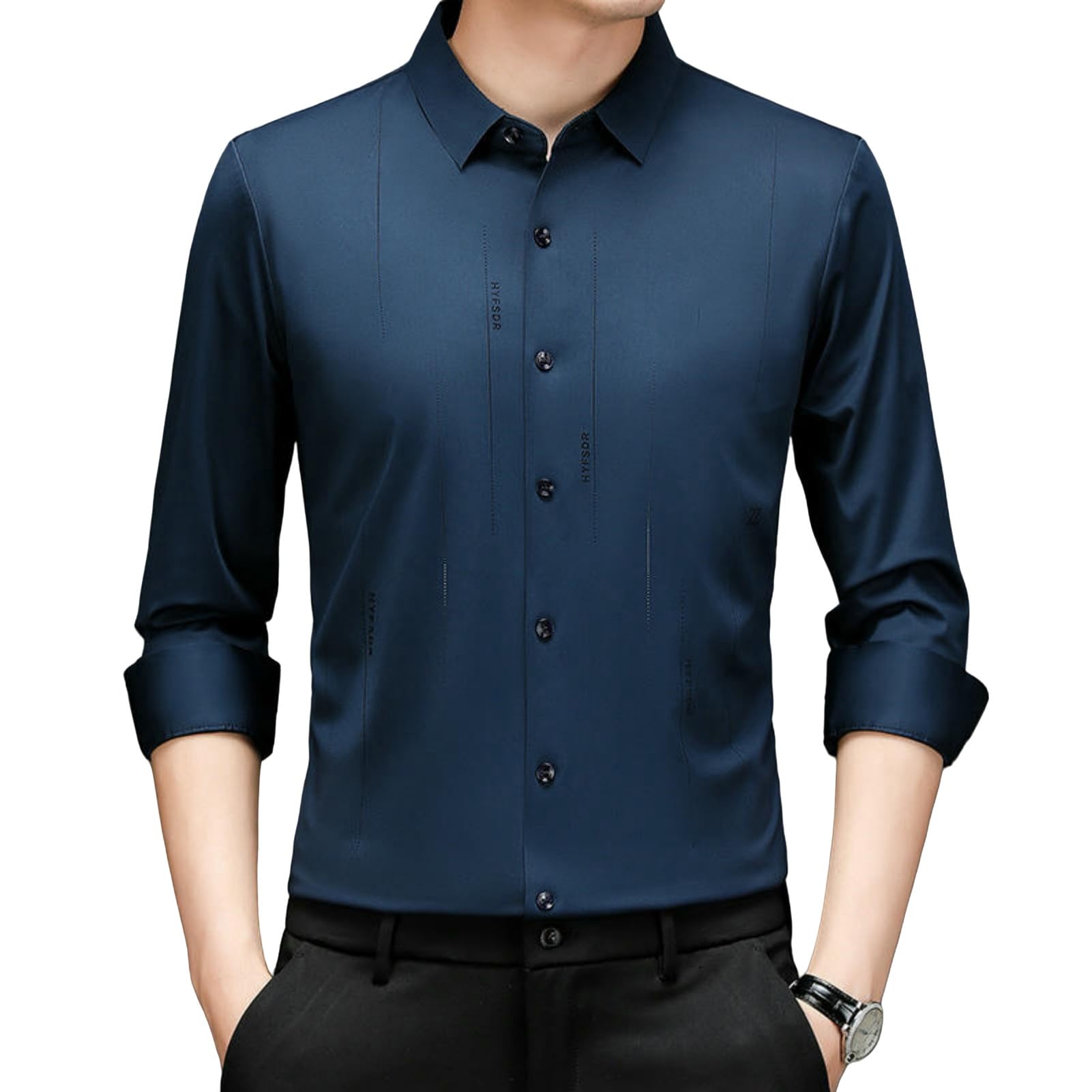 Camicia a maniche lunghe da uomo in stile coreano a righe con stampa slim fit, senza pieghe