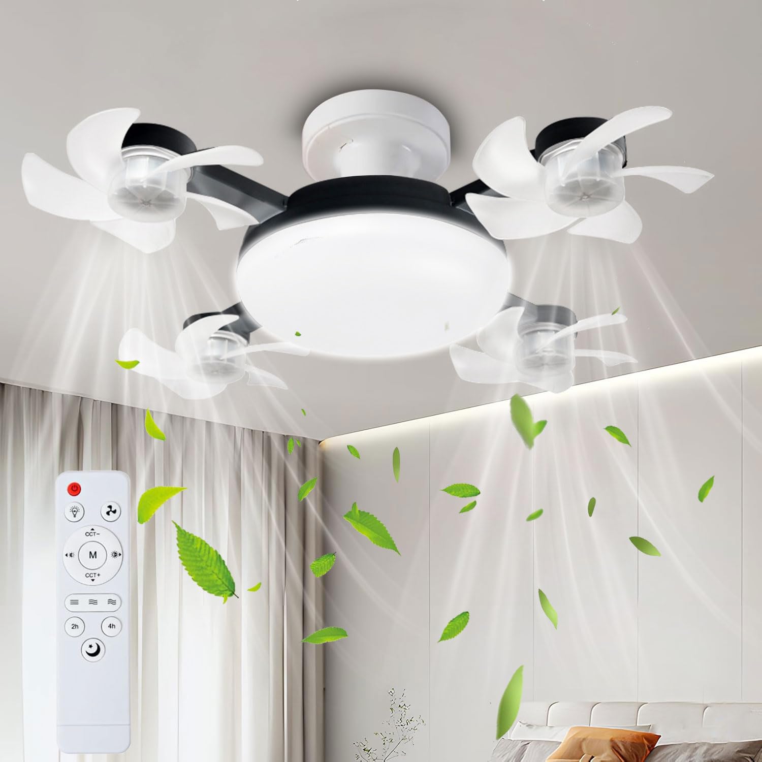 Deckenventilator mit Beleuchtung,Deckenventilator Klein Leise mit E27,LED Deckenventilatoren Dimmbar,Deckenleuchte mit Ventilator,3 Geschwindigkeiten,Leiser Deckenventilator für Schlafzimmer(4 Köpfe)