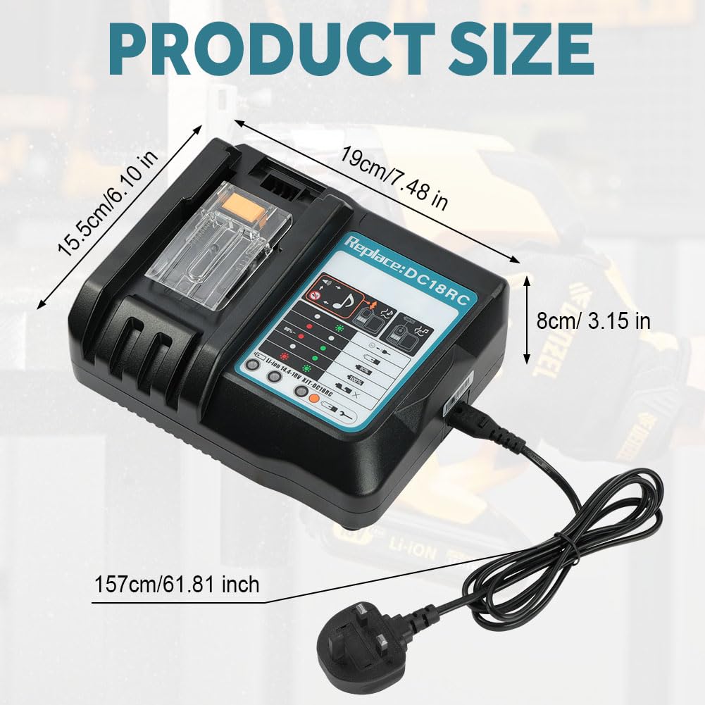 Flintronic Szybka ładowarka kompatybilna z Makita 14,4 V/18 V litowa, z wielokrotną ochroną, zamiennik akumulatora litowego BL1830, BL1840, BL1850, BL1860, BL1815, BL1415, DC18RD, DC18RA, DC18SF