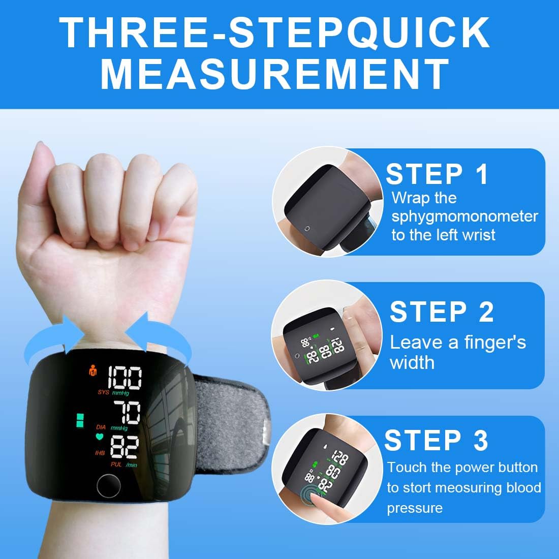 Esfingomanómetro digital portátil, esfigmomanómetro de muñeca con pantalla LCD, esfigmomanómetro automático de muñeca con memoria de lectura de 99x2, con salida de voz automática en inglés.