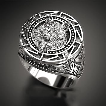 SixTwo 925 Sterling Silver Vintage Mens Ring Wolf Totem Thai Silver Ring Nordic Mythology Viking Warrior Wolf Head Ring Hip hop Party Ring Animal Zodiac Ring for Men ST.070 8