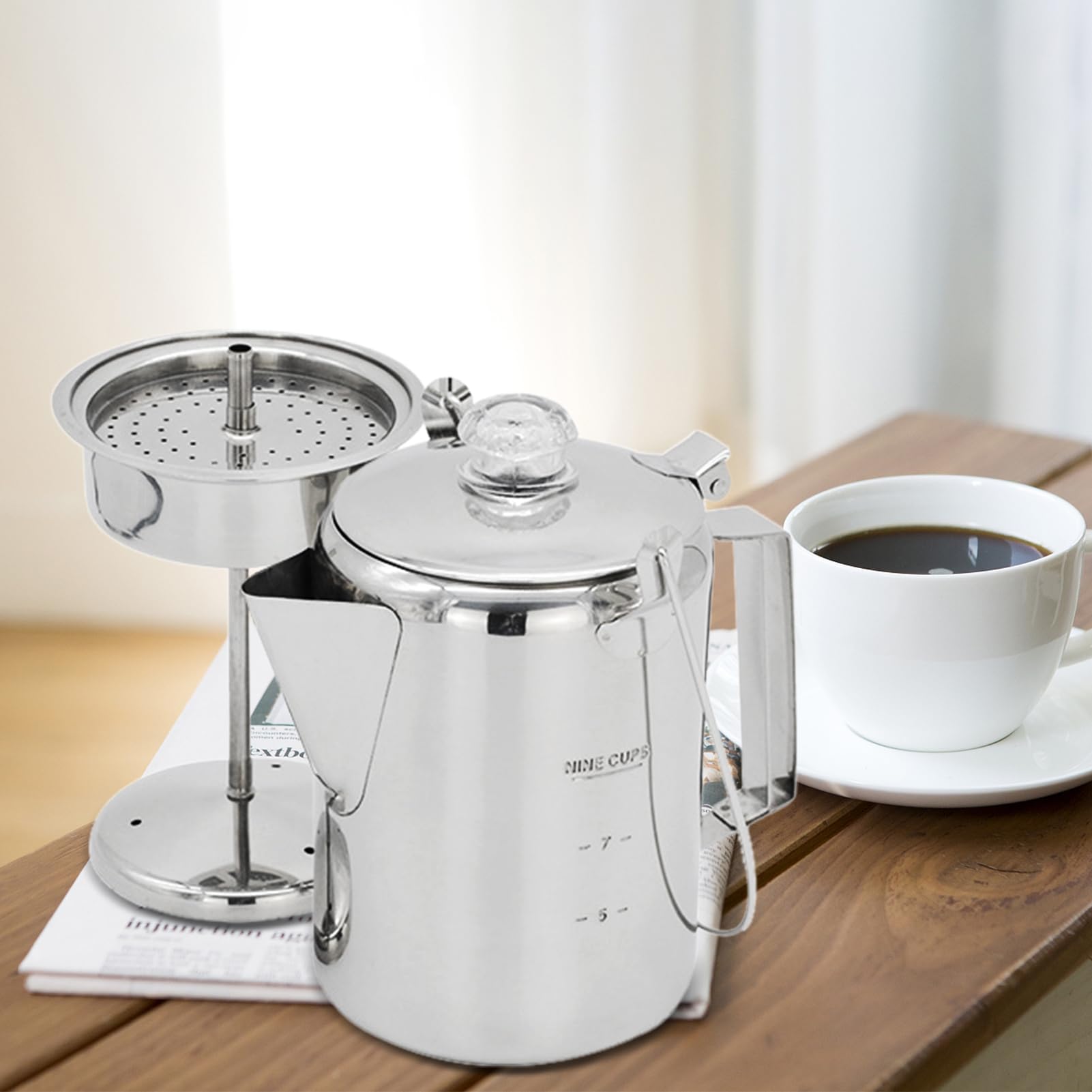 Cafetera de acero inoxidable, 1,2 L, 9 tazas, acero inoxidable, percolador, cafetera para camping, hogar, cocina