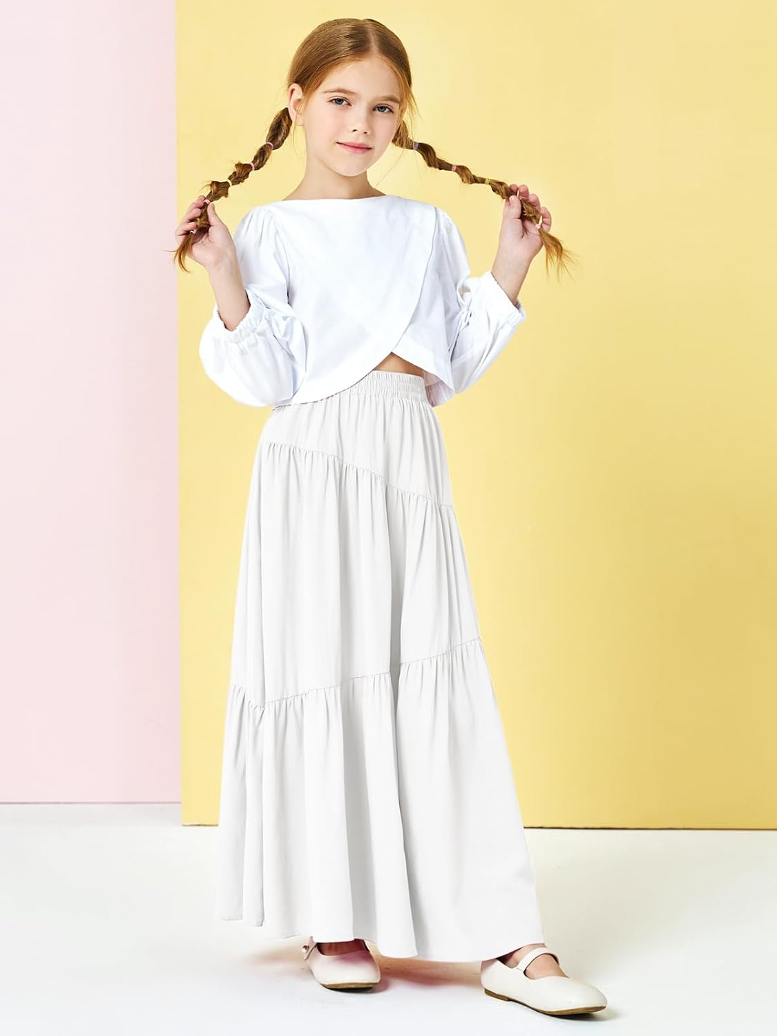 Haloumoning Girls Elastic High Waist Maxi Skirt Boho A-Line Tiered Pleated Long Skirts with Pockets 5-14 Years
