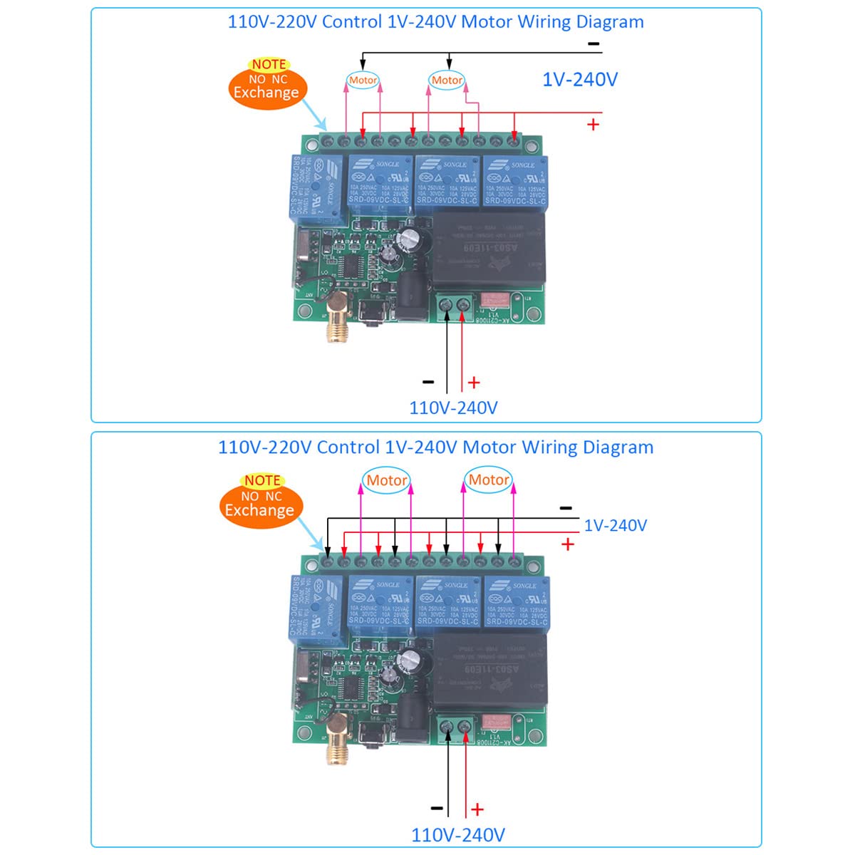 Interrupteur d’éclairage sans fil 220V 4CH sans câblage Apprendre le code Interrupteurs de relais de télécommande 85V-250V 220V 110V pour porte de garage légère (2 * Télécommande)