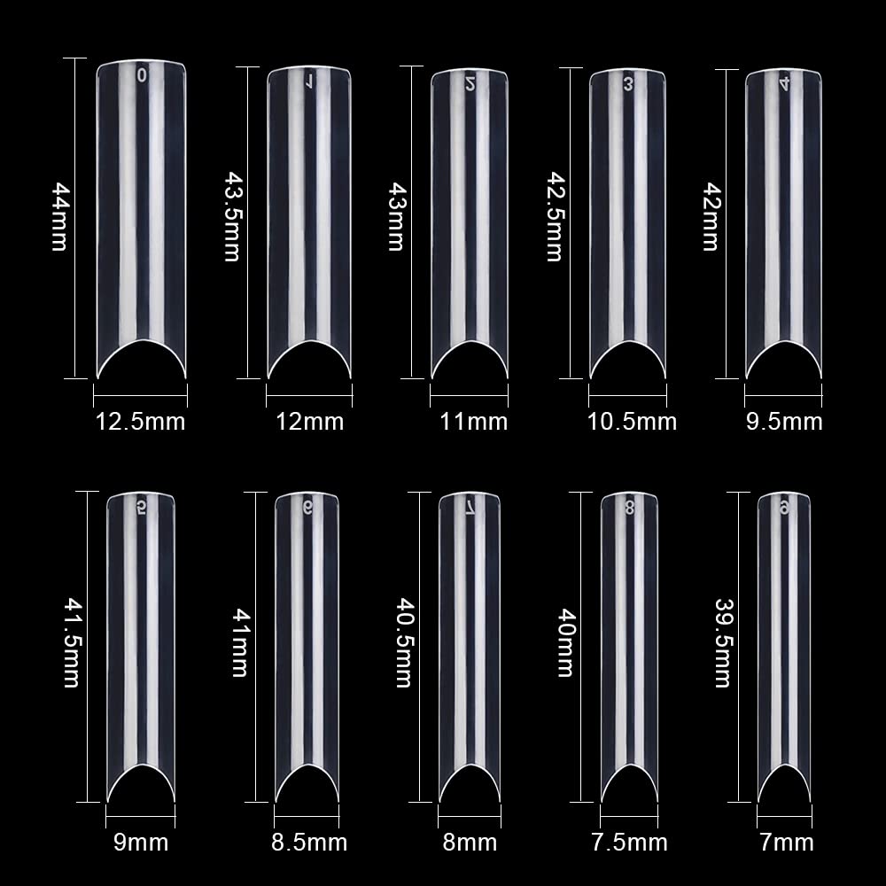 500Pcs Coffin Nail Tips, 10 Sizes Clear Acrylic Poly Nail Long Straight Tapered Square Extension Gel Tips Half Cover Extension Transparent Long C Curve Nail Tips for Salons and DIY Nail Art with Box
