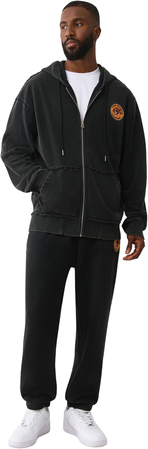 True Religion Men's Tiger Relaxed Vintage Zip Up Hoodie – Casual Full Zip Graphic Sweatshirt